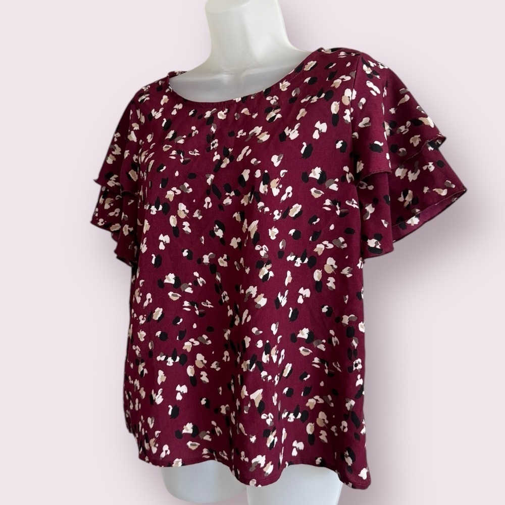 SHEIN Burgundy Floral Ruffle Sleeve Blouse Lightweight Size L